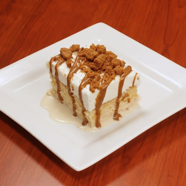 Tres Leches With Biscoff Cookie and Cookie Butter Topping.